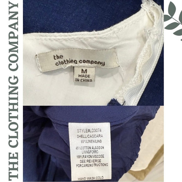 🛍️3/$40 The Clothing Company Linen Blend Midi Dress White Navy Halter Full Skirt - Picture 9 of 9